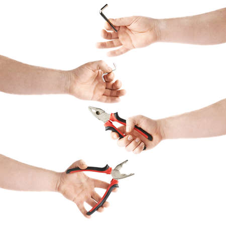 Set of worker's caucasian male hand holding working tool, composition isolated over the white backgroundの写真素材