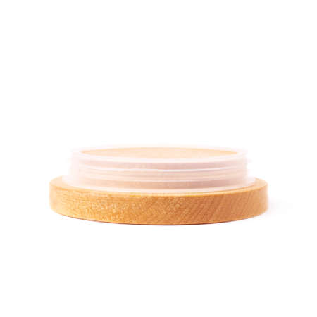 Wooden round lid top cover isolated over white backgroundの写真素材