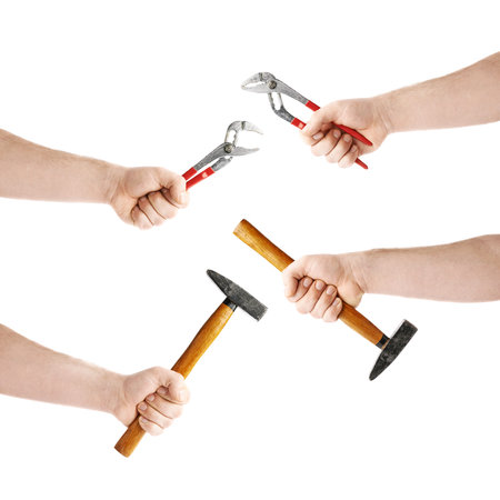 Set of worker's caucasian male hand holding a working tool, composition isolated over the white...