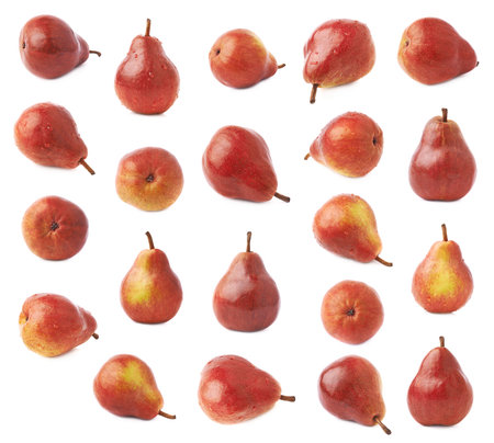 Red pear fruit isolated over the white background, set of multiple different foreshortenings