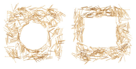 Set of pile of metal nails isolated over white background, different foreshorteningsの写真素材