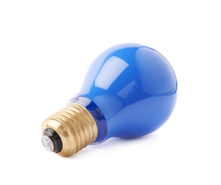 Single electric blue bulb lying on its side, isolated over the white background