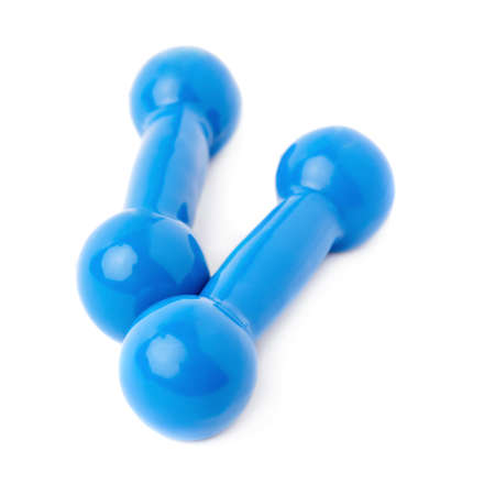 Pair of Blue Plastic coated dumbells isolated over the white backgroundの写真素材