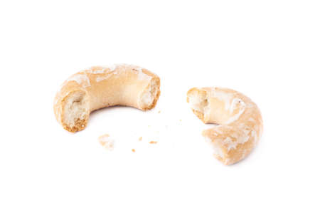 Broken into pieces round  dry cake sushki cake cookie isolated over the white backgroundの写真素材