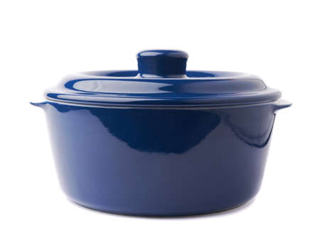Blue ceramic cooking pot pan isolated over white backgroundの写真素材
