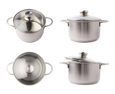 Stainless steel metal cooking pot pan over isolated white backgroundの写真素材