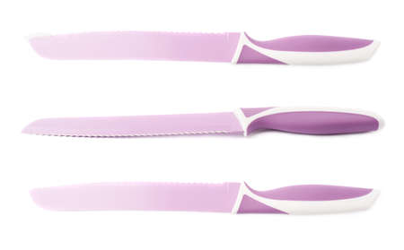 Steel violet purple kitchen knife isolated over the white backgroundの写真素材