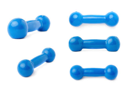 Set of Blue Plastic coated dumbell isolated over the white backgroundの写真素材