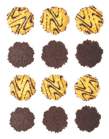 Set of round cookies with the pieces of chocolate isolated over the white backgroundの写真素材