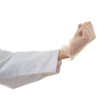 Doctor female hand in rubber glove gesture over white isolated backgroundの写真素材