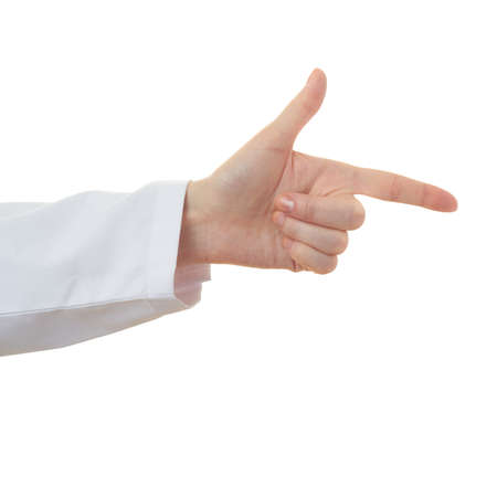 Doctor female hand gesture over white isolated backgroundの写真素材
