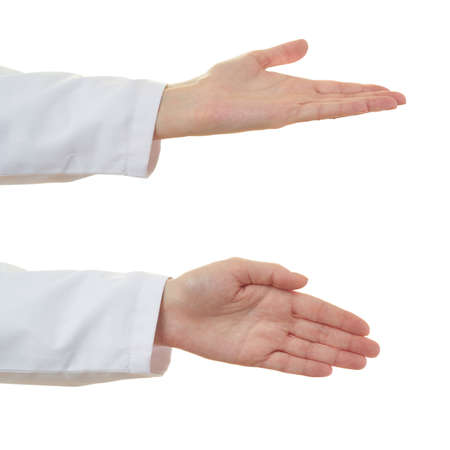 Set of doctor female hand gestures over white isolated backgroundの写真素材