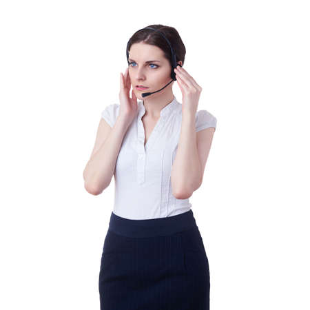 Businesswoman standing over white isolated background with headphones, business, education, communication and call center conceptの写真素材
