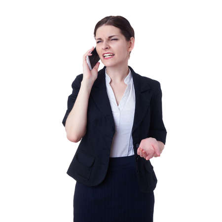 Businesswoman standing over white isolated background with tablet smart phone, business, education, office, technology conceptの写真素材