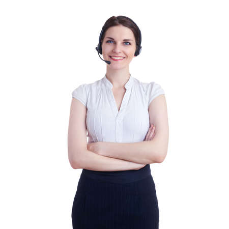 Smiling businesswoman standing over white isolated background with headphones, business, education, communication and call center conceptの写真素材