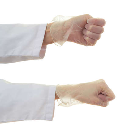 Set of doctor female hand in rubber glove gestures over white isolated backgroundの写真素材