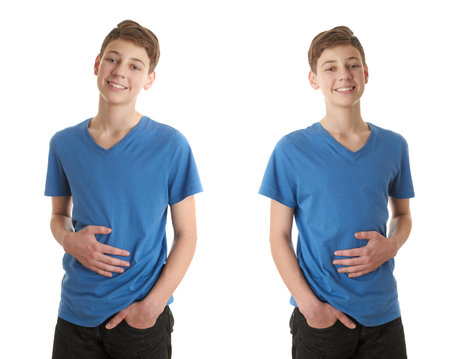 Set of cute teenager boy in blue T-shirt over white isolated background, half body