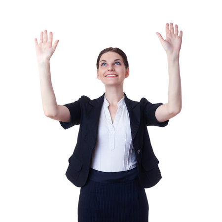 Smiling businesswoman standing over white isolated background working with virtual screen, business, education, office, future technology conceptの写真素材