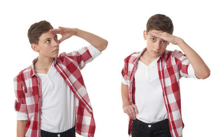 Set of cute teenager boy in red checkered shirt looking something in distance over white isolated background, half bodyの写真素材