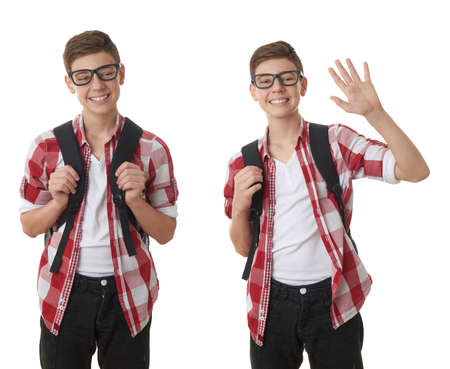 Set of cute teenager boy in red checkered shirt and glasses with school bag over white isolated background, half body, as school, education conceptの写真素材