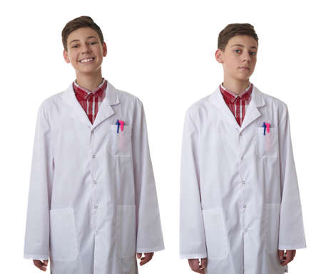 Set of cute teenager boy wearing white lab medic coat over white isolated background as science, medicine, healthcare conceptの写真素材