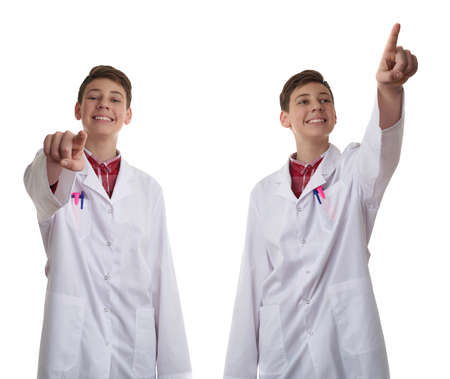 Set of cute teenager boy wearing white lab medic coat pointing forward over white isolated background as science, medicine, healthcare conceptの写真素材