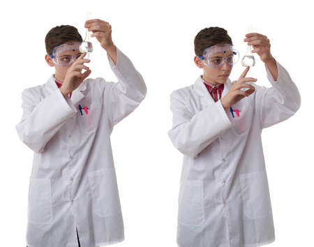 Set of cute teenager boy wearing white lab medic coat and protecting glasses with flask over white isolated background as science, experiment, healthcare conceptの写真素材