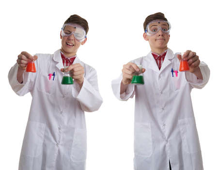 Set of cute teenager boy wearing white lab medic coat and protecting glasses with flask over white isolated background as science, experiment, healthcare conceptの写真素材