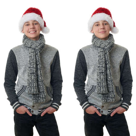 Set of cute teenager boy in gray sweater and christmas hat over white isolated background, half bodyの写真素材