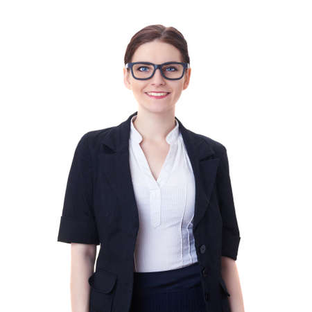 Smiling businesswoman standing over white isolated background in glasses, business, education, office conceptの写真素材