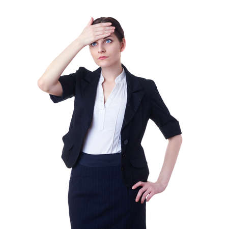 Businesswoman standing over white isolated background, business, education, office conceptの写真素材