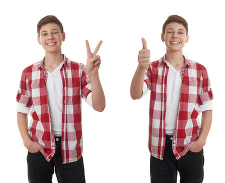 Set of cute teenager boy in red checkered shirt showing victory sign over white isolated background, half bodyの写真素材