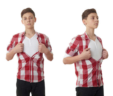 Set of cute teenager boy acting like a super hero and tearing his red checkered shirt off over white isolated background, half bodyの写真素材