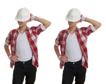 Set of cute teenager boy in red checkered shirt and building helmet over white isolated background, half body, constructing conceptの写真素材