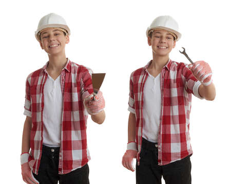 Set of cute teenager boy in red checkered shirt, building helmet and putty knife over white isolated background, half body, constructing conceptの写真素材