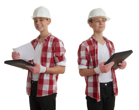 Set of cute teenager boy in red checkered shirt, building helmet and folder over white isolated background, half body, constructing conceptの写真素材