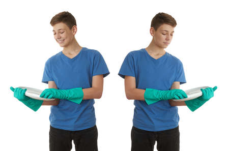 Set of cute teenager boy in blue T-shirt and green rubber gloves with plate over white isolated background, half body, cleaning conceptの写真素材
