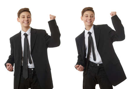 Set of cute teenager boy in back business suit with success gesture over white isolated background, half body, future career conceptの写真素材