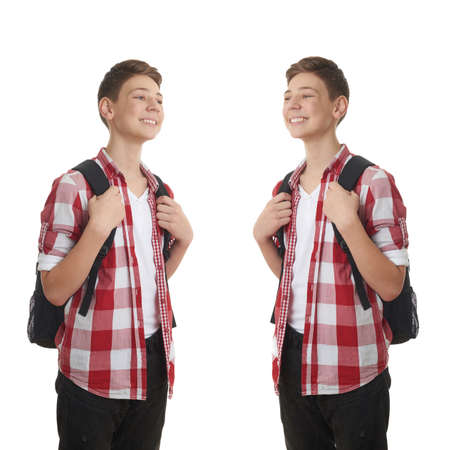 Set of cute teenager boy in red checkered shirt with school bag over white isolated background, half body, as school, education conceptの写真素材