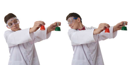 Set of cute teenager boy wearing white lab medic coat and protecting glasses with flask over white isolated background as science, experiment, healthcare conceptの写真素材