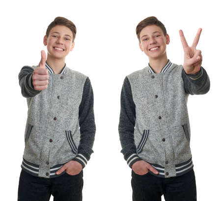Set of cute teenager boy in gray sweater showing thumb up sing over white isolated background, half bodyの写真素材