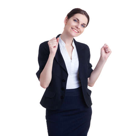 Smiling businesswoman standing over white isolated background celebrating, business, education, office, luck, victory conceptの写真素材