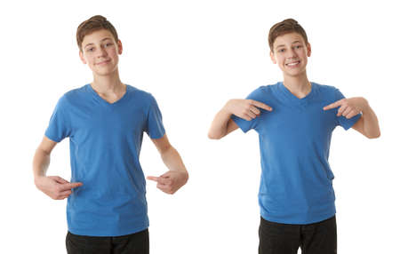 Set of cute teenager boy in blue T-shirt pointing himself over white isolated background, half bodyの写真素材
