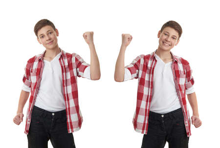 Set of cute teenager boy in red checkered shirt with success gesture over white isolated background, half bodyの写真素材