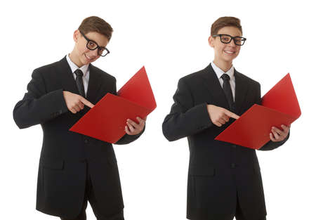 Set of cute teenager boy in back business suit with a red folder over white isolated background, half body, future career conceptの写真素材
