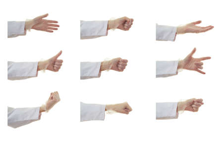 Set of doctor female hand in rubber glove gestures over white isolated backgroundの写真素材