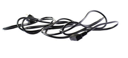 Black electric computer power supply cable isolated over white backgroundの写真素材