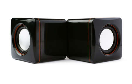 Pair of black glossy sound speakers isolated over the white backgroundの写真素材