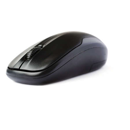 Wireless computer black mouse isolated over white backgroundの写真素材