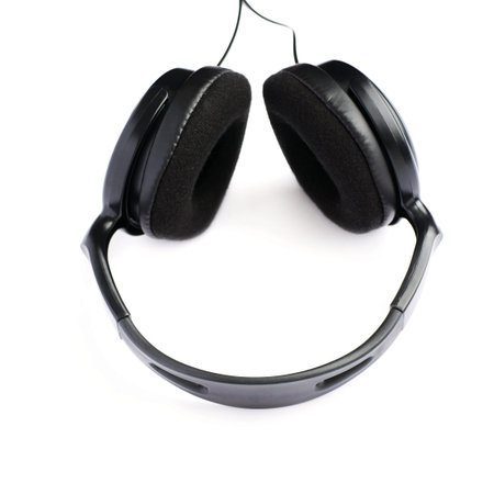 Black big headphones isolated over white backgroundの写真素材